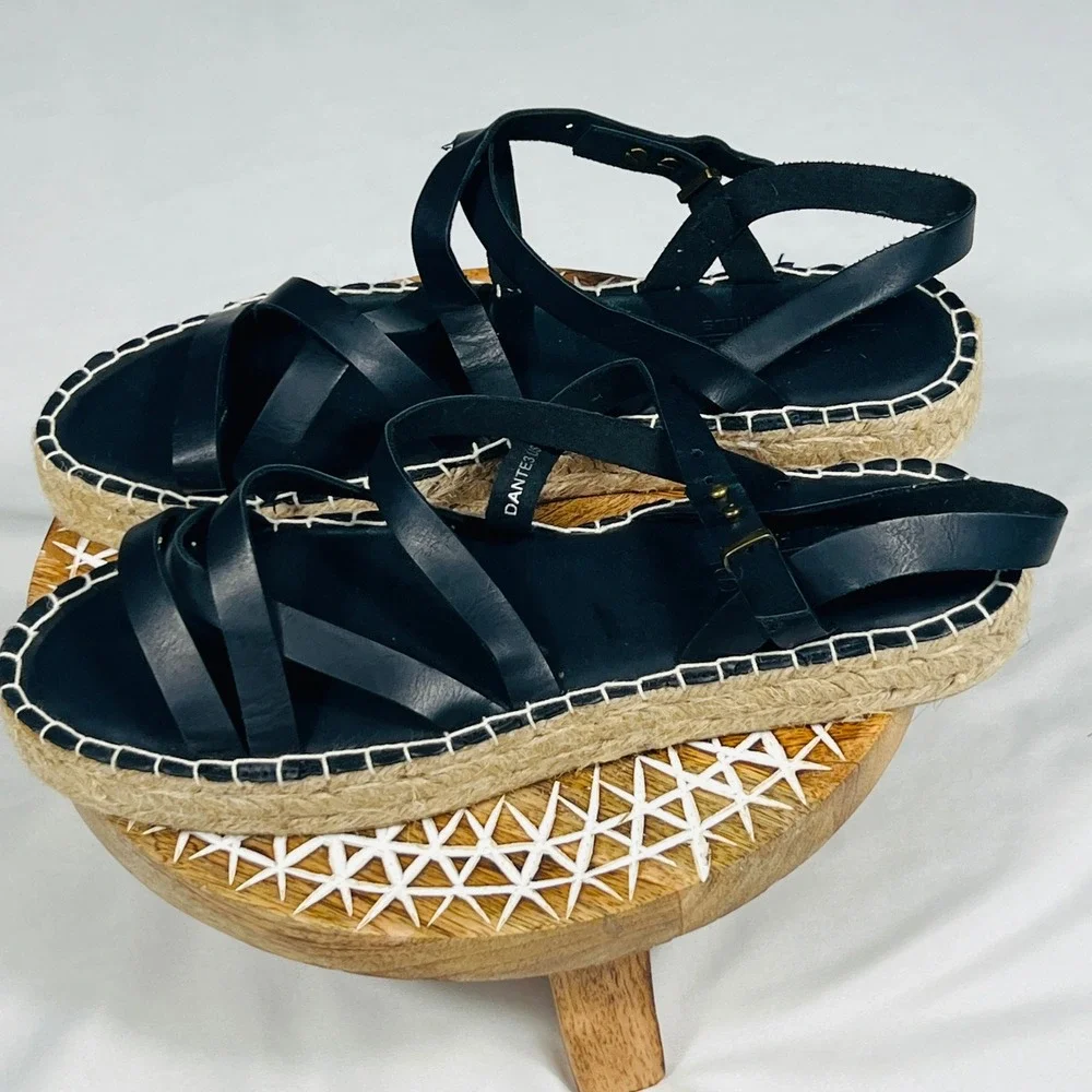 Jacobies Beverly Hills Dante3 Black Leather Strappy‎ Espadrille Sandals Womens 9